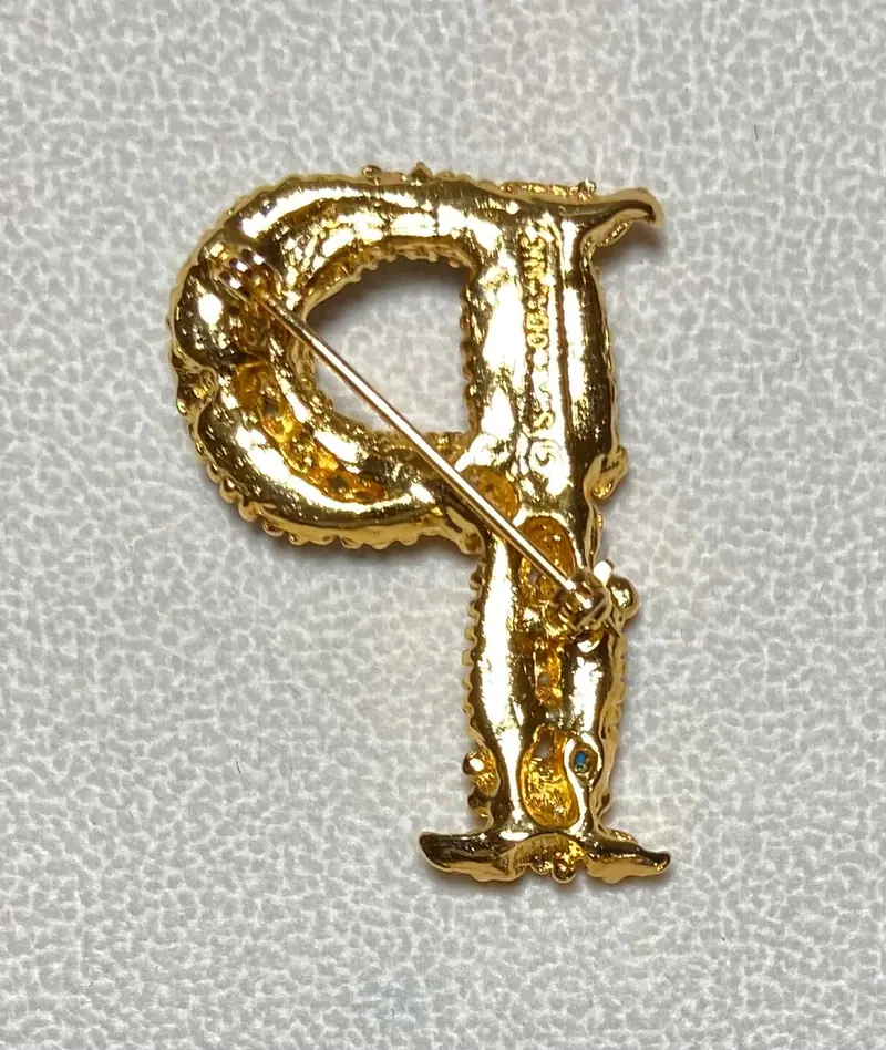 "P" Initial Brooch — Coral, Peridot, Freshwater Pearl (2)