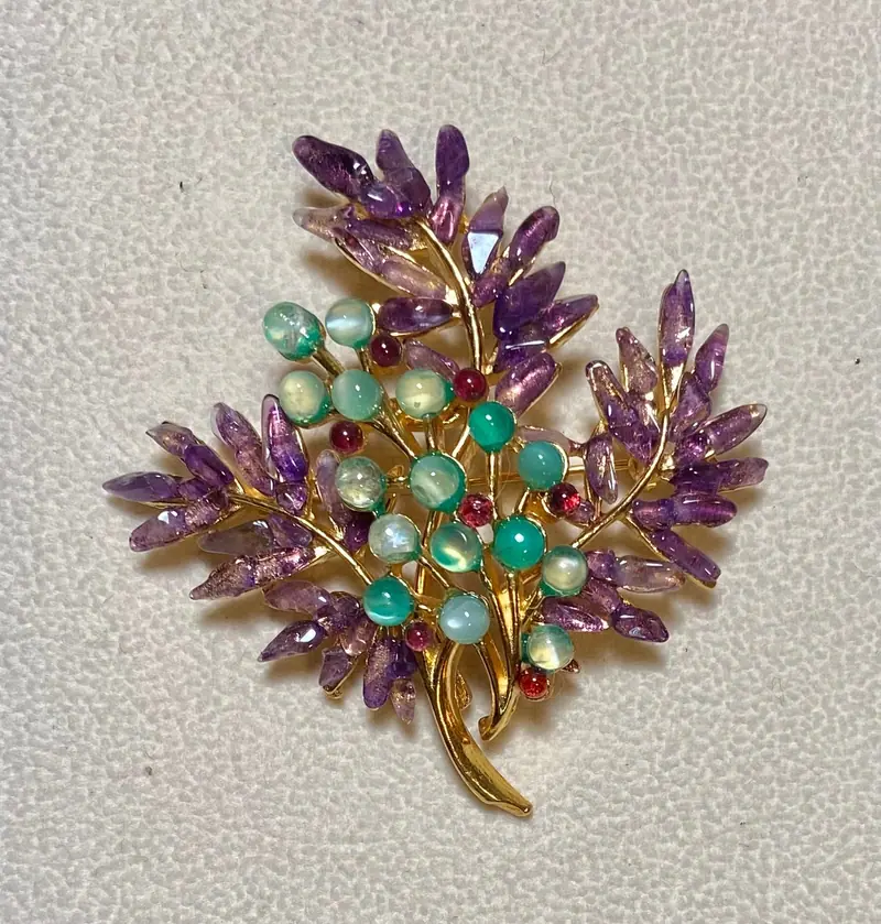 Pineapple Brooch — Amethyst, Green Moonstone