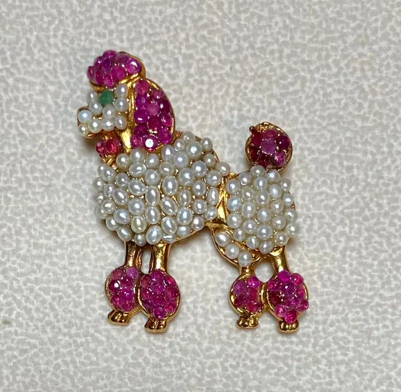 Poodle Dog Brooch — Ruby, Freshwater Pearl, Emerald Eye