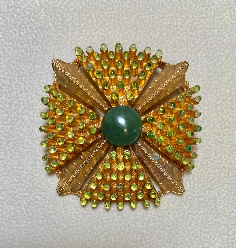 Pyramid Brooch — Peridot, Jade