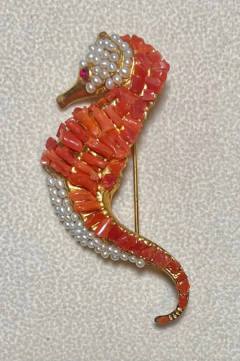 Seahorse Brooch — Coral, Pearl, Ruby Eye