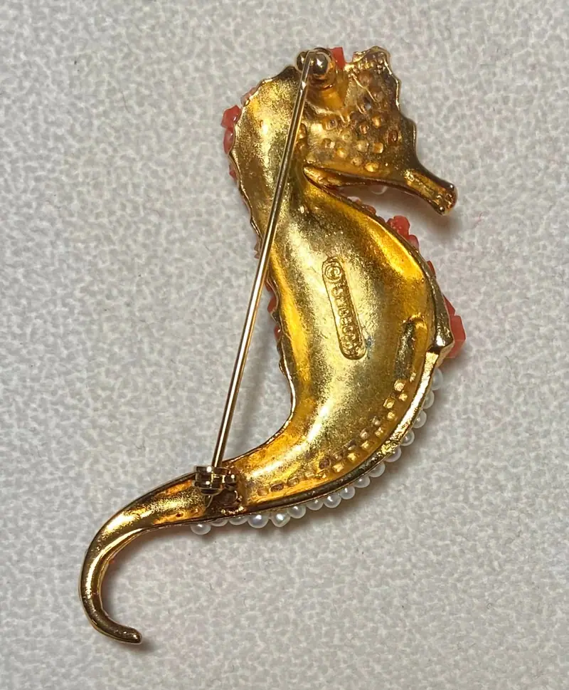 Seahorse Brooch — Coral, Pearl, Ruby Eye (2)