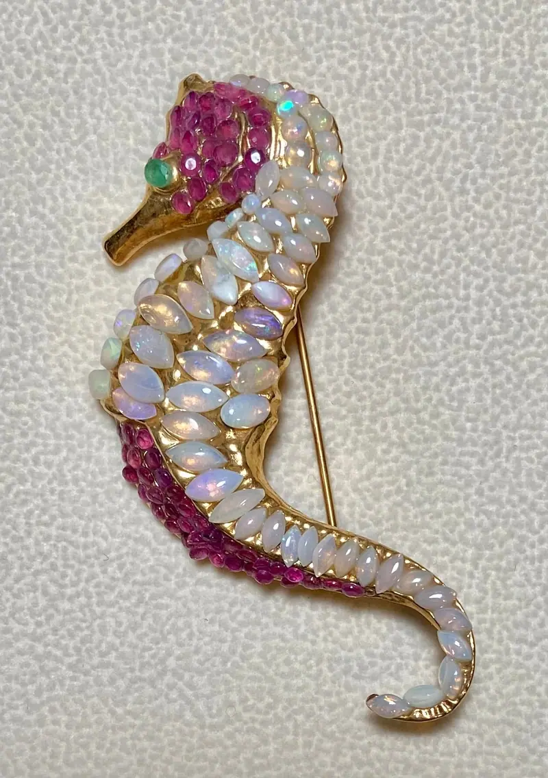 Seahorse Brooch — Opal, Ruby, Emerald Eye