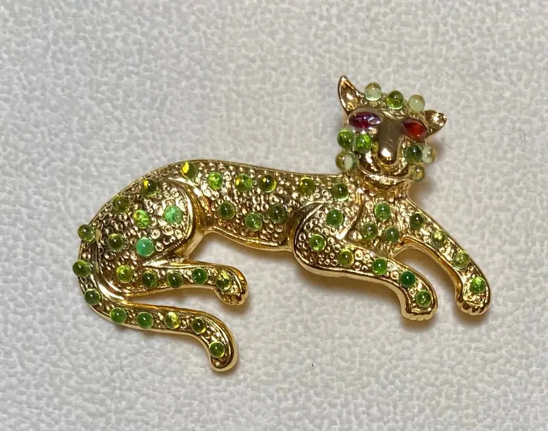 Tiger Brooch — Peridot, Garnet Eyes