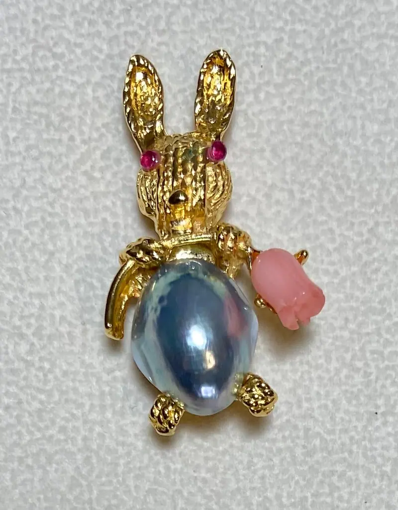 Tiny Bunny Brooch — Osmena Pearl, Coral, Ruby Eye