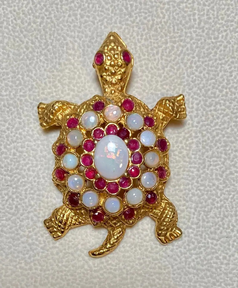 Turtle Brooch — Opal, Ruby
