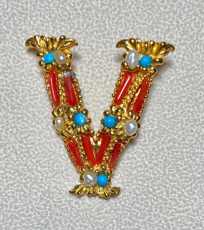 "V" Initial Brooch — Coral, Turquolite, Freshwater Pearl