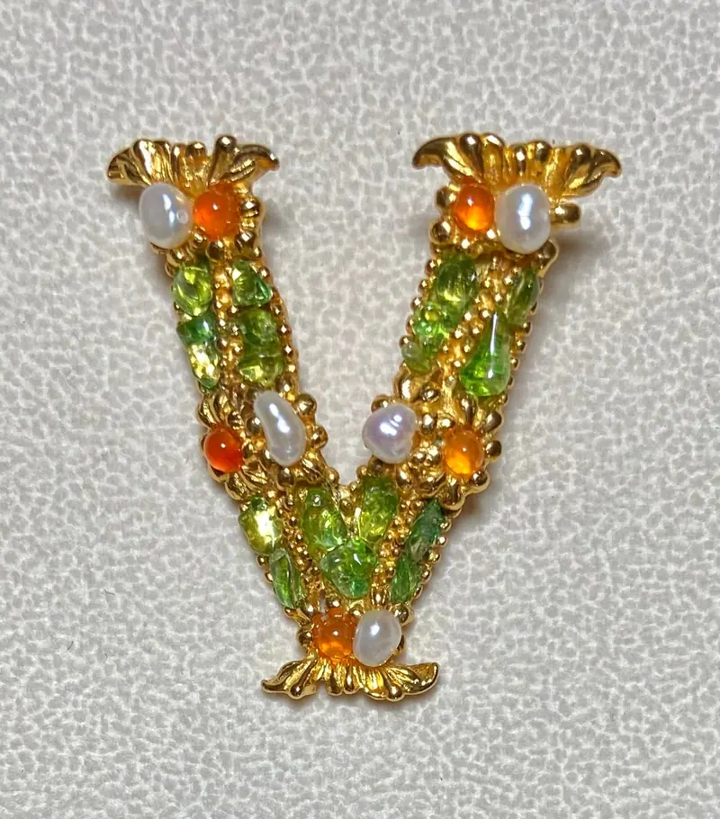 "V" Initial Brooch — Carnelian, Peridot, Freshwater Pearl