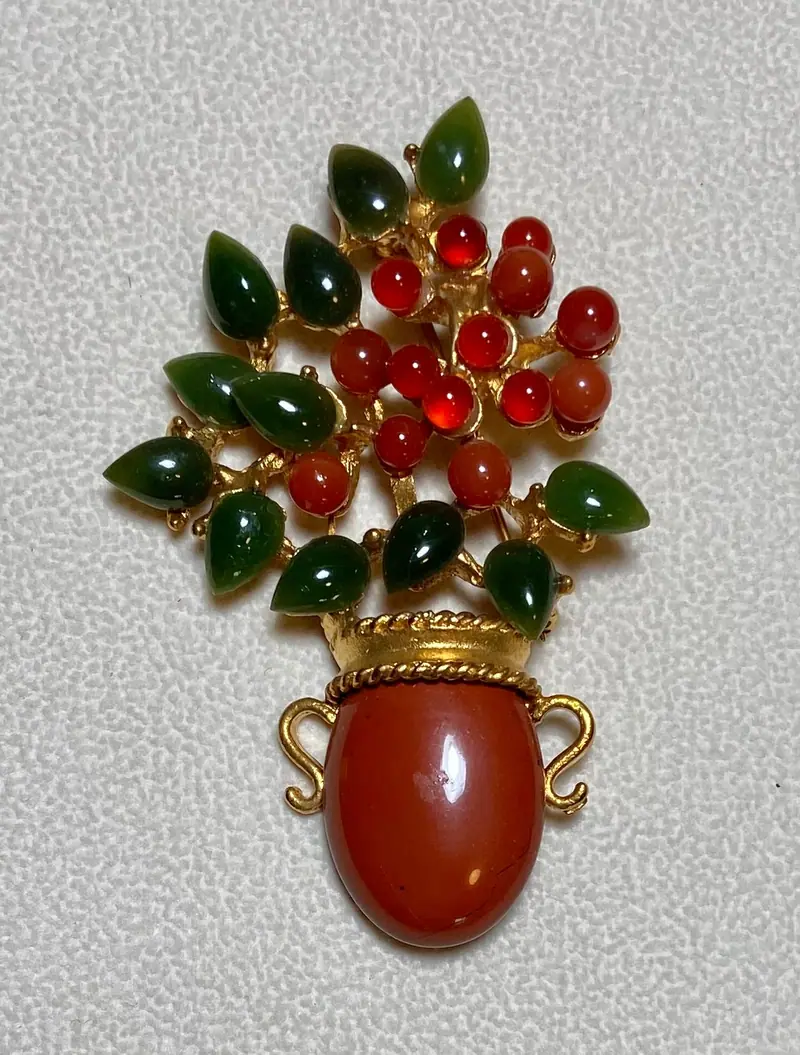 Vase Flower Brooch — Jade, Carnelian, Jasper