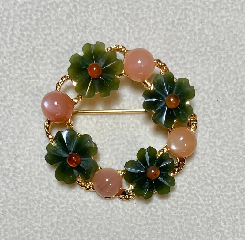 Wreath Brooch — Moonstone, Jade